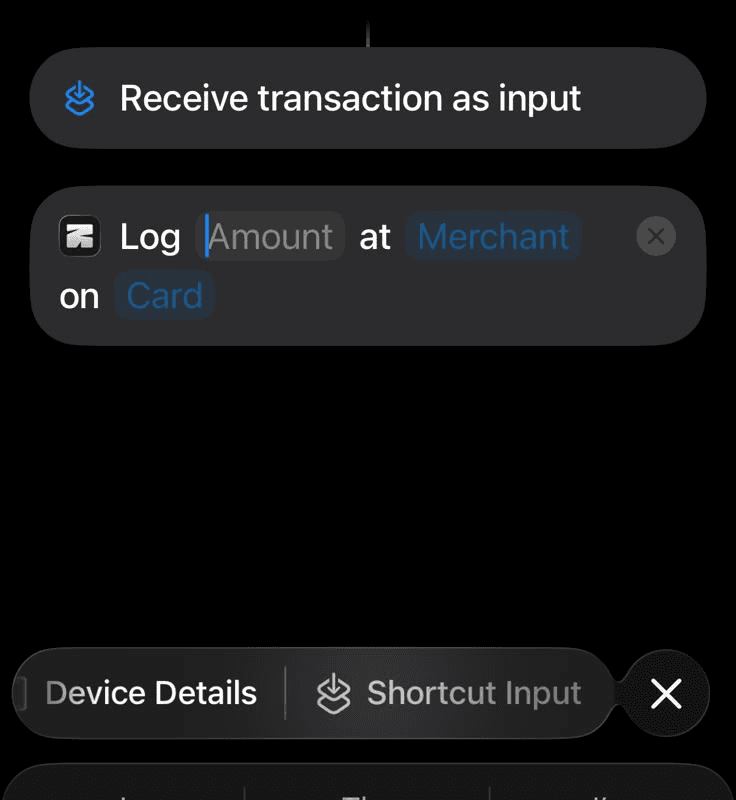 The action sentence and the Shortcut Input suggestion bar