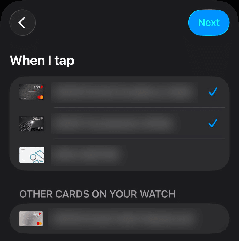 Card selection with checkmarks (details blurred)