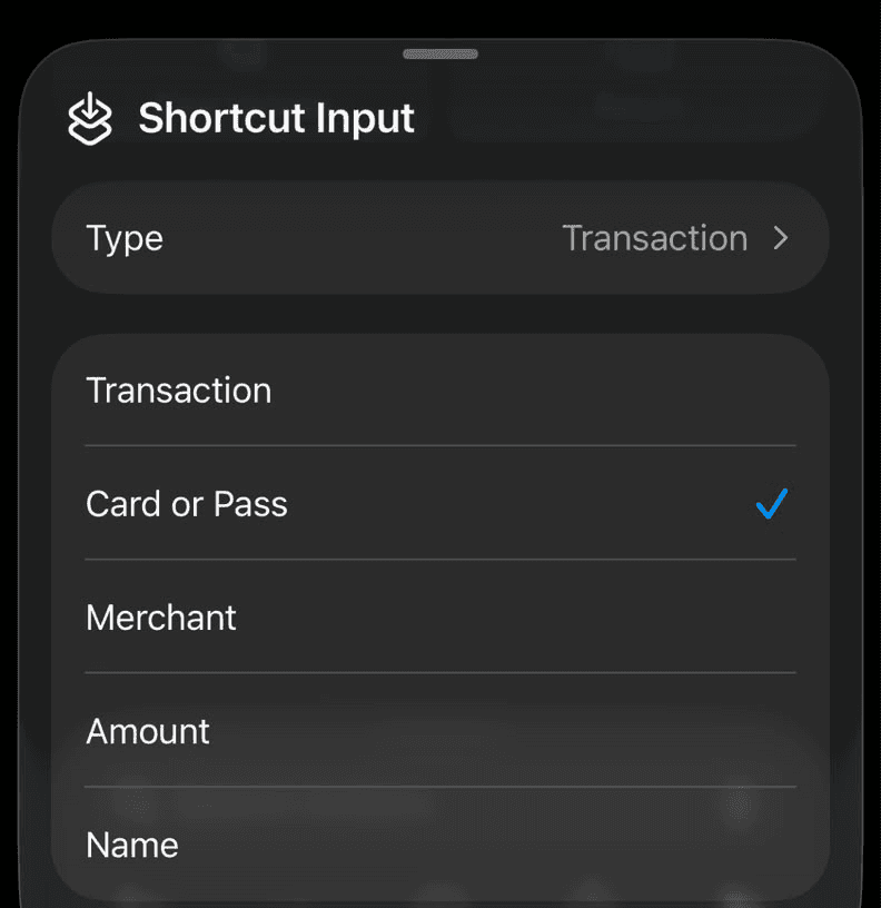 The Shortcut Input sheet with Amount, Merchant, Card or Pass