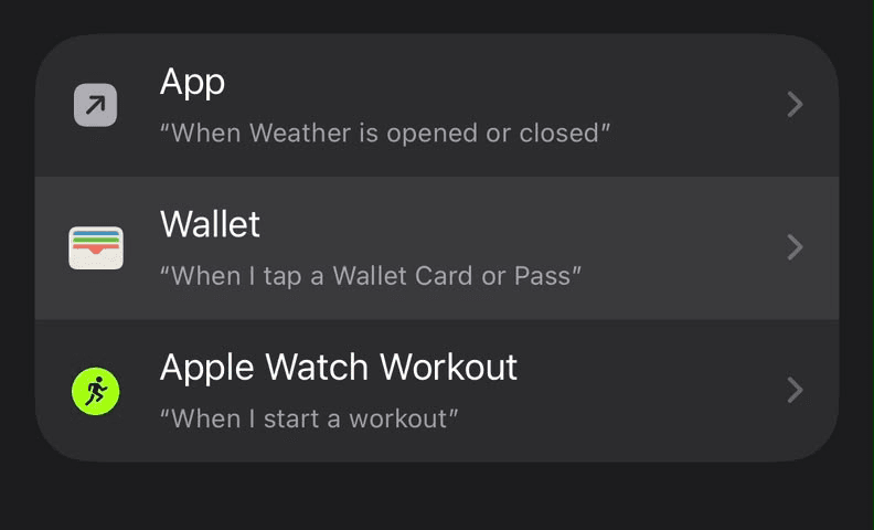 The trigger list with the Wallet row