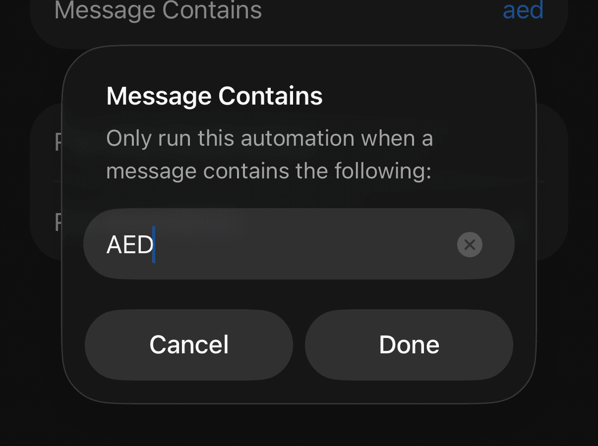 The Message Contains dialog with AED typed