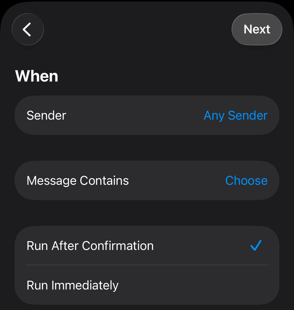 The When screen with Message Contains