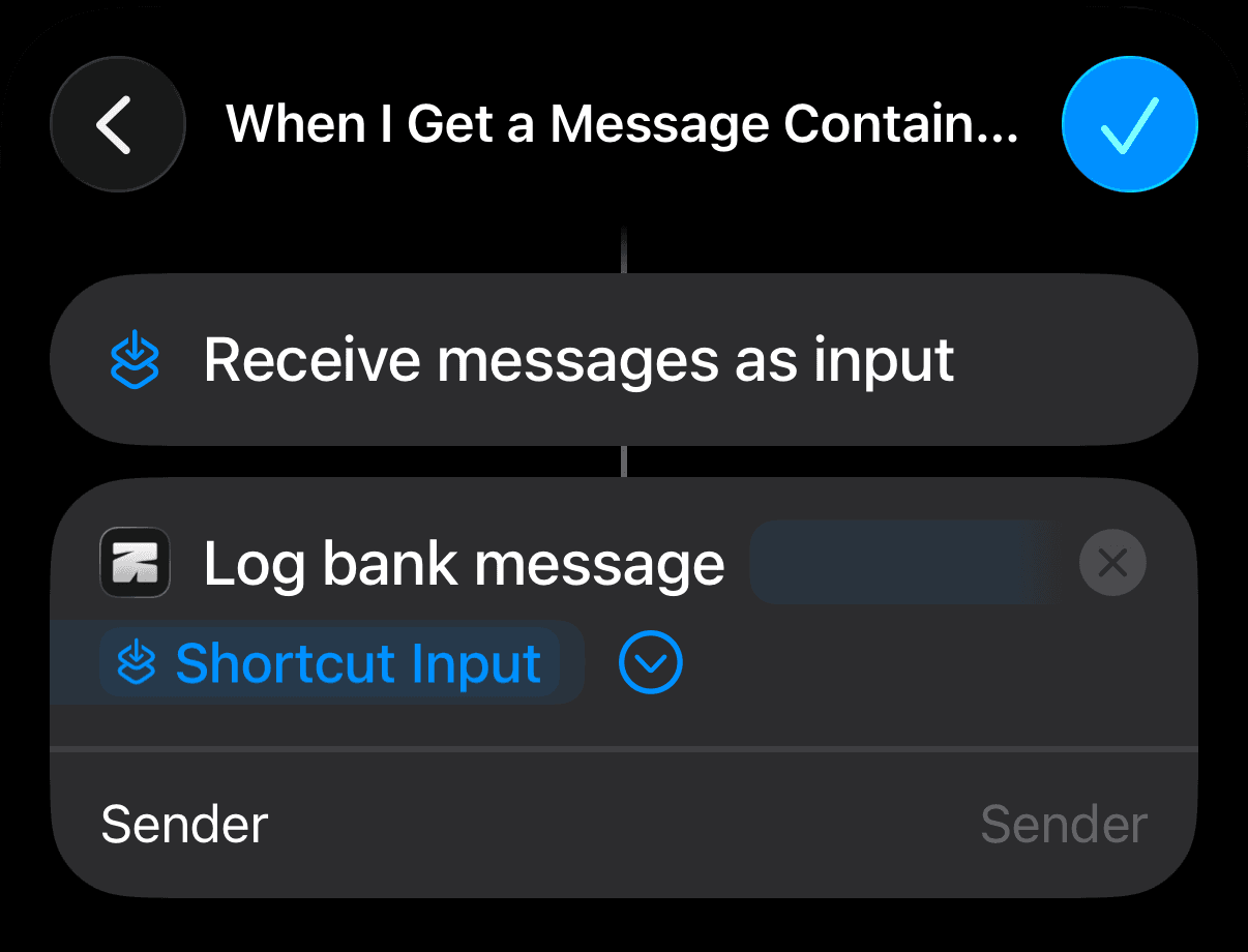 The expanded action with the empty Sender box
