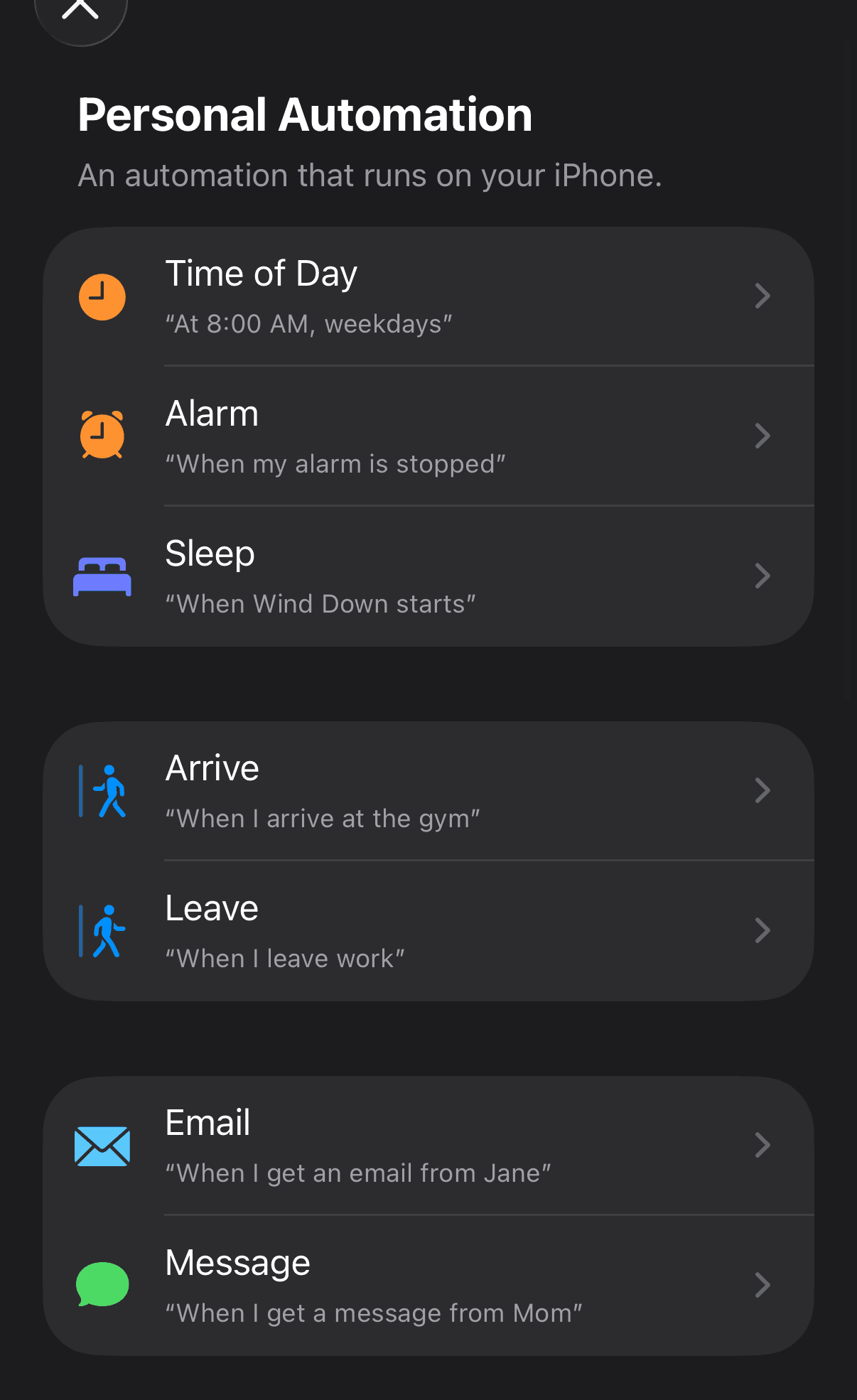The trigger list with the Message row