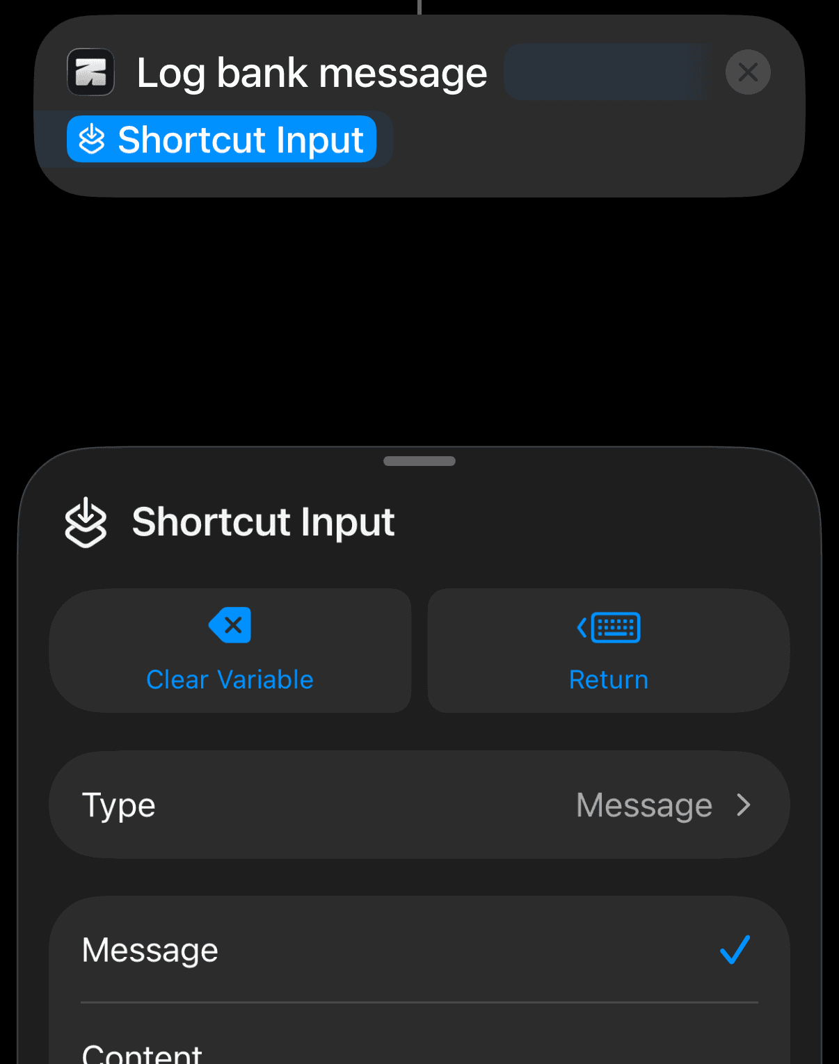 The Shortcut Input panel with Type set to Message